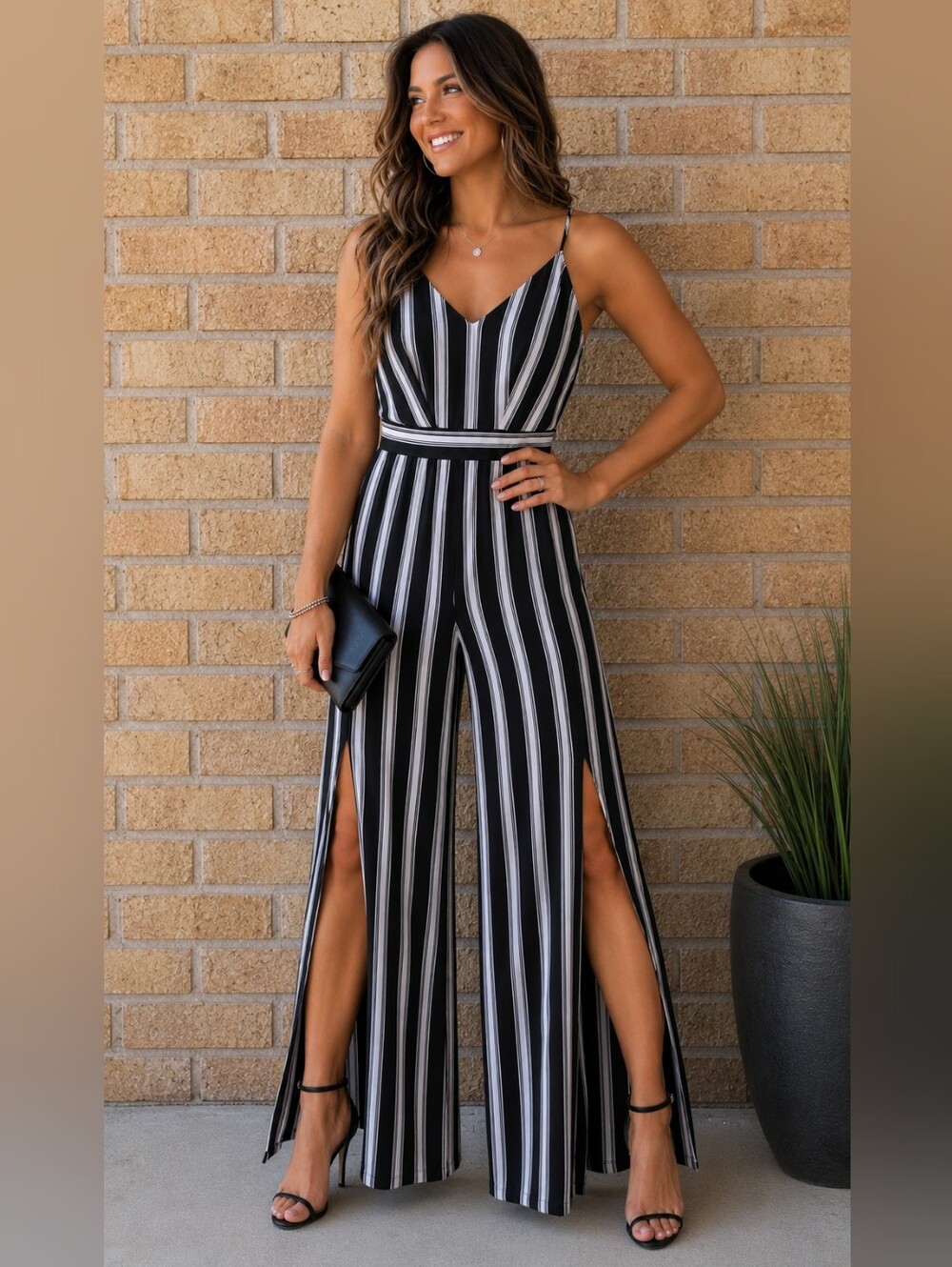 I.N. San Francisco Black and White Vertical-Stripe Slit Jumpsuit Size 7 Stretch